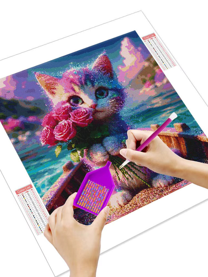 Huacan 5D-Diamantgemälde Katze mit Rosen als Diamantmosaik Set in Mehrfarbig, Breite: 20 cm, Höhe: 20 cm - Bild 3