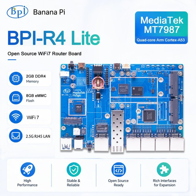 Banana Pi BPI-R4 Lite Smart Router mit MediaTek MT7987A, 2 GB DDR4, 8 GB eMMC, 256 MB SPI-NAND und Wifi 7 Unterstützung für Home Automation - Bild 1