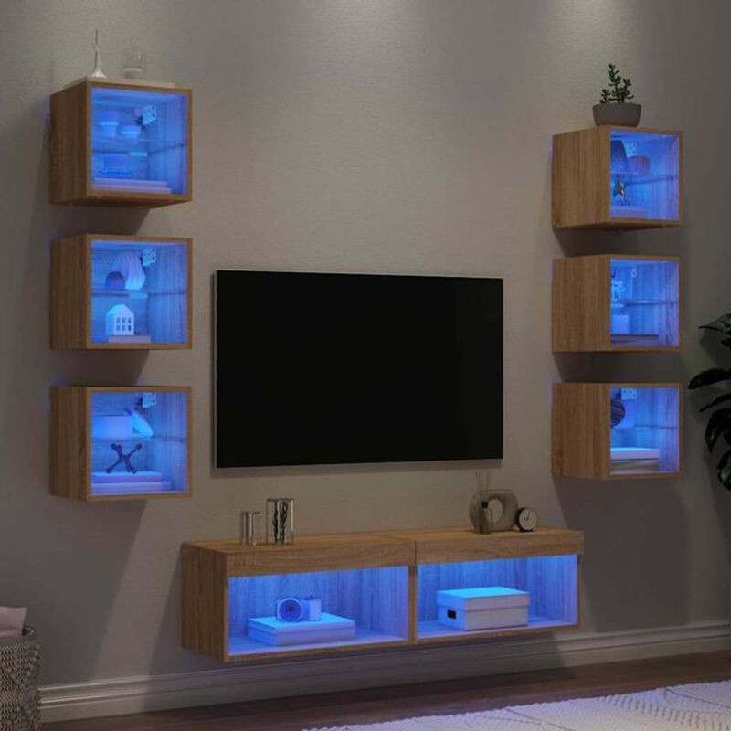 Vidaxl 8-teilige moderne Wohnwand mit LED-Beleuchtung in Sonoma-Eiche und Braun aus Holzwerkstoff und Glas - Bild 1