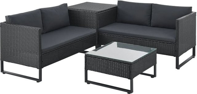 Juskys Polyrattan Lounge Santorini Outdoor Sitzecke in L-Form mit Auflagenbox und Polsterkissen, Schwarz/Grau - Bild 1