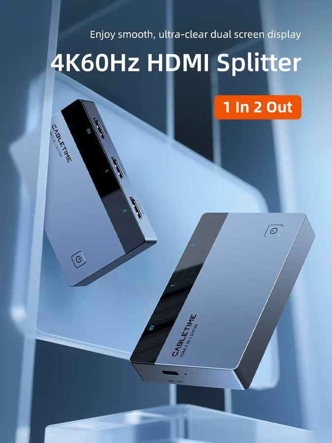CABLETIME HDMI Splitter 1 auf 2 Out mit 4K UHD 60Hz für HDTV, Monitor und Konsole - Bild 6
