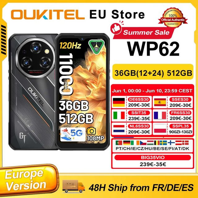 Oukitel WP62 Robustes Smartphone mit Android 15, 512 GB ROM, 36 GB RAM, 6,6 Zoll FHD+ Display, 108 MP Kamera, 11000 mAh Akku und NFC, Schwarz oder Silber - Bild 1