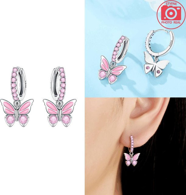 Ohrringe 925 Silber, Schmetterling, Liebesherzen, Zirkonia, Damen - Bild 1