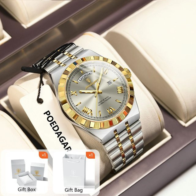 POEDAGAR Armbanduhr Quarz, Edelstahl, Bicolor, Herren, Wochentag, Datum - Bild 1