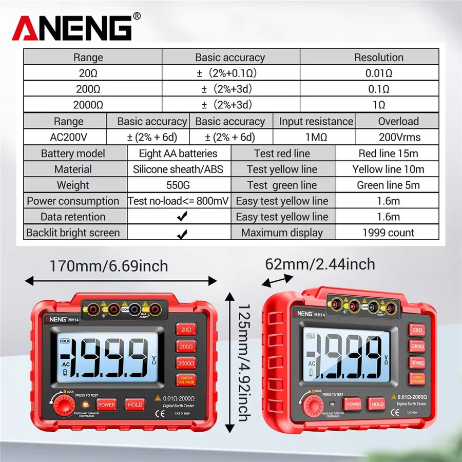 ANENG MH14 Digitales Widerstandsmessgerät Erdungstester mit Voltmeter und Megohm-Messfunktion in Rot - Bild 3