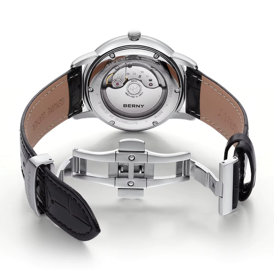 BERNY Armbanduhr Automatik, Edelstahl, Leder, Weiß, Herren - Bild 5