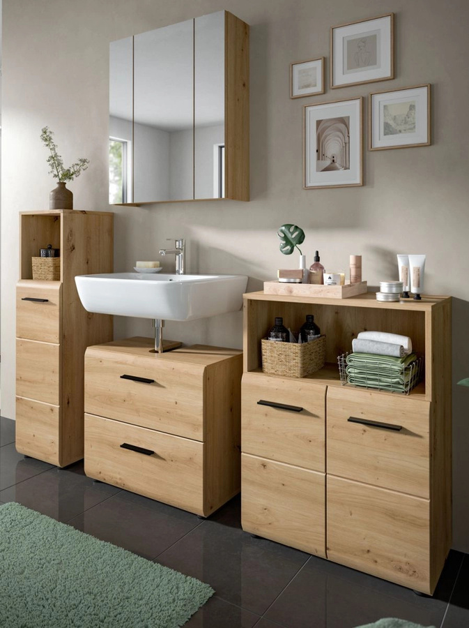 Badmöbel Set Cover in Eiche, 4-teilig, modern, braun, B: 180 cm, H: 185 cm, T: 30 cm - Bild 1