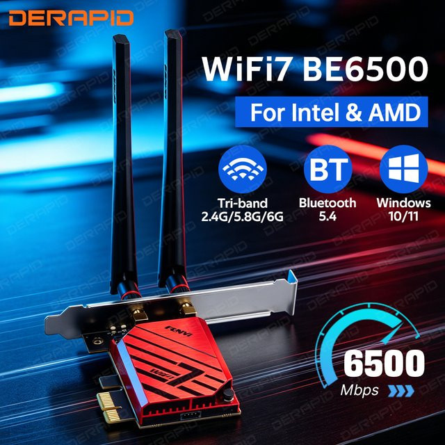 DERAPID WiFi 7 PCIe Netzwerkkarte mit Bluetooth 5.4, Tri-Band Wireless-Adapter 5400Mbps für 2,4G, 5G und 6GHz, kompatibel mit Windows 10 und Windows 11 - Bild 1
