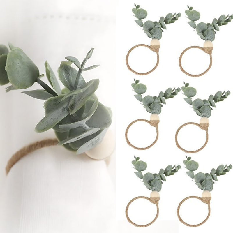 Serviettenringe in Eukalyptus-Optik mit floralem Design, grün, rund, im Bohemian-Stil - Bild 1