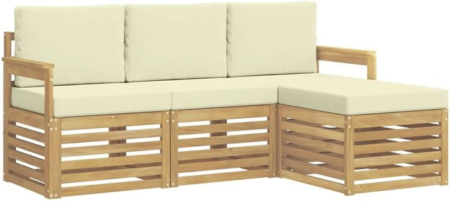 vidaXL Outdoor-Sofagarnitur 4-teilig in L-Form aus Akazienholz mit Polsterkissen, Farbe: Weiß und Creme, B/T/H: 189,5 x 122,5 x 73 cm - Bild 1