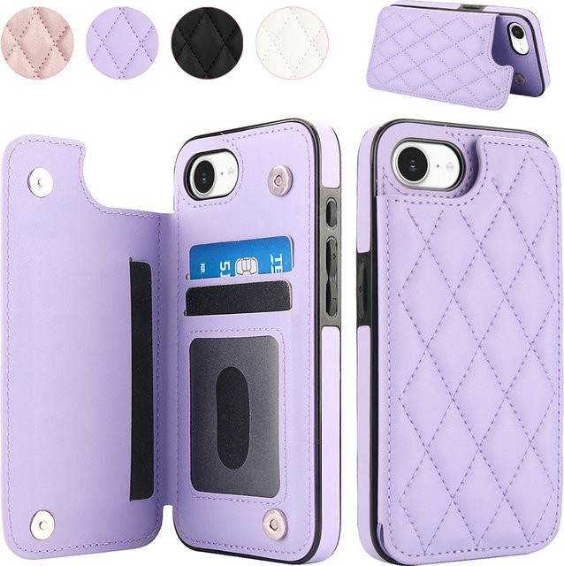 Leder-Brieftaschen-Hülle für iPhone 17e mit Doppelknopf, Kartenfach, RFID-Blockierung und Magnet-Flip in Gold oder Purple - Bild 1