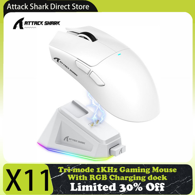 Attack Shark X11 Tri-Mode Gaming-Maus mit magnetischer Ladestation, PixArt PAW3311-Sensor, 22K DPI, Bluetooth, 2,4 GHz und kabelgebunden, für PC und MAC, Weiß/Rot - Bild 1