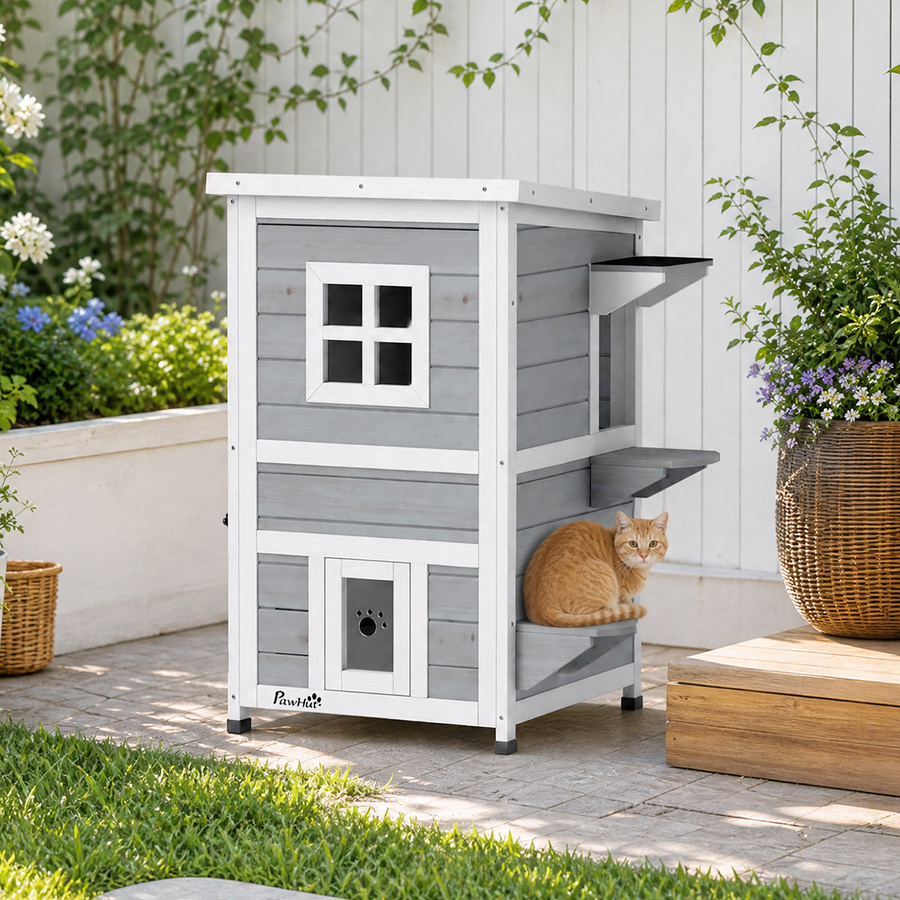 PawHut Katzenhaus aus Holz in Hellgrau mit 2 Etagen, wetterfestes Katzenhaus für den Garten oder Balkon, B/T/H: 51 x 51 x 81,3 cm, Marke Aosom - Bild 2