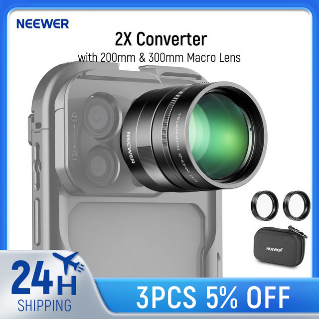 NEEWER Makroobjektiv-Set mit 2x Konverter und 200 mm sowie 300 mm Teleobjektiv in Schwarz für iPhone, Android, Samsung und Xiaomi - Bild 1