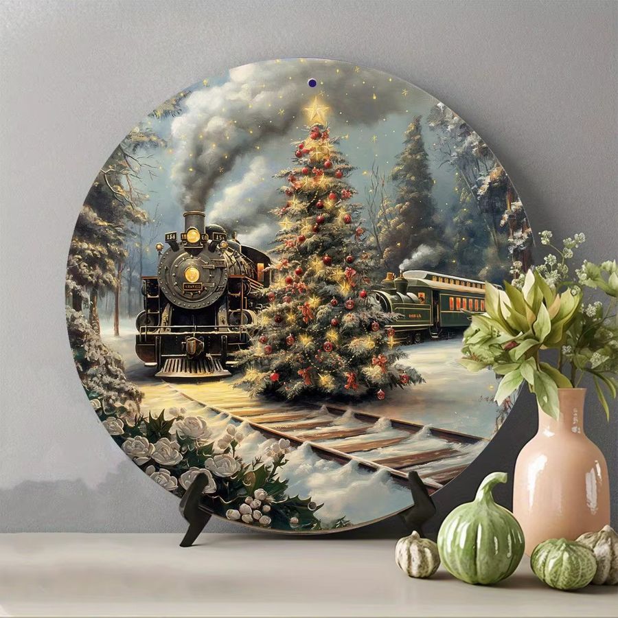 Potdemiel Vintage Polar Express Rundes Aluminiumschild als Weihnachts-Wanddekoration mit Baumszene, Durchmesser: 20,3 cm - Bild 4