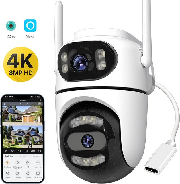 UDECER 8MP 4K HD Wifi PTZ Überwachungskamera mit Dual-Objektiv und Dual-Bildschirm, iCsee App, AI Tracking, Outdoor IP Kamera, Weiß - Bild 1