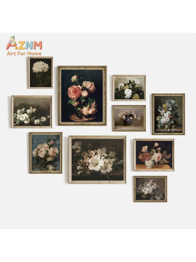 AZNM Vintage Dark Academia Blumen-Stilleben Leinwand-Wandkunst mit Pfingstrosen und Rosen in Mehrfarben - Bild 3
