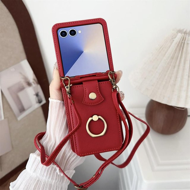 Leder Geldbörse Handyhülle für Samsung Galaxy Z Flip 7 6 5 4 3 mit Kartenhalter, Fingerring und Umhängeband in Rot - Bild 1