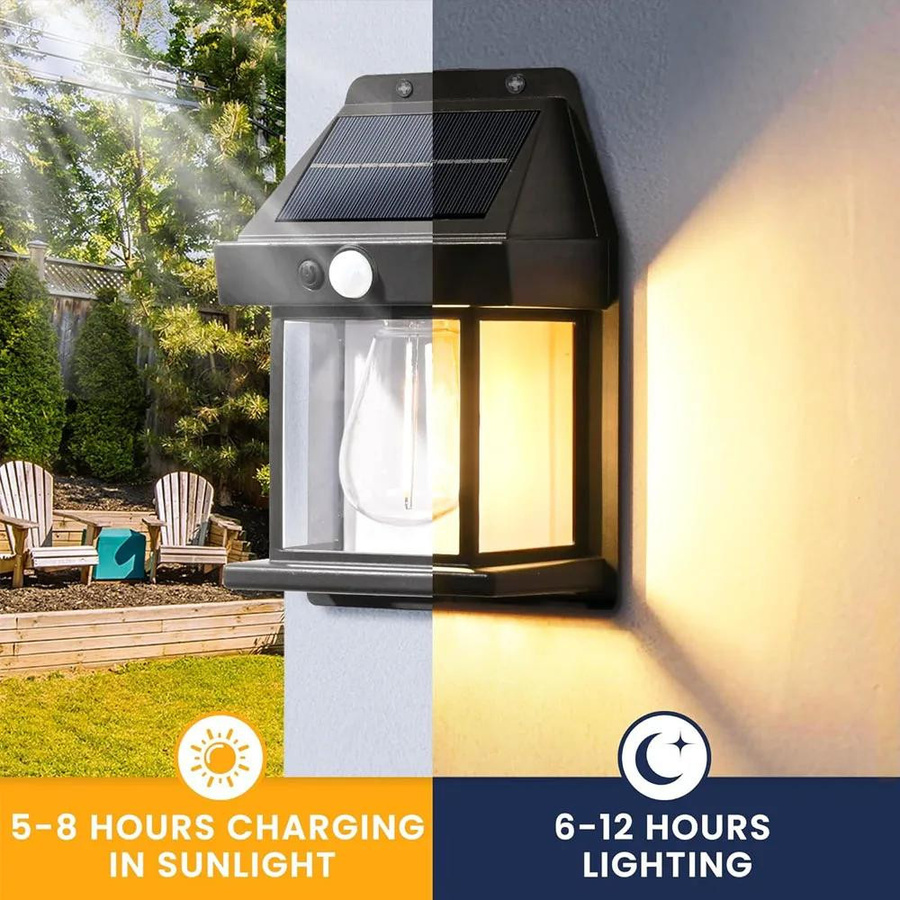 YJMP Super Lighting Solare Außenwandleuchte Wolfram mit Bewegungssensor und LED, IP65 Wasserdicht, Schwarz - Bild 6