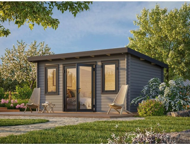 Palmako Holz-Gartenhaus Lisandra Pultdach in Dunkelgrau mit Blockbohlenbauweise B: 470 cm, T: 350 cm, H: 244 cm - Bild 1