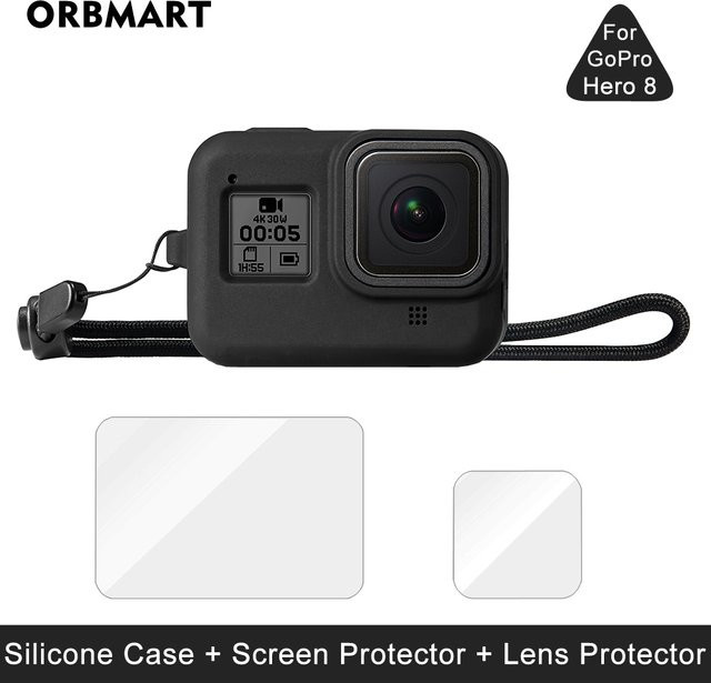 Silikonhülle und Displayschutzset für GoPro Hero 8 in Schwarz mit gehärtetem Glas - Bild 1
