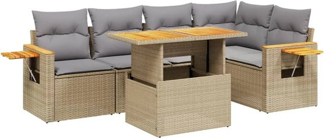 vidaXL 6-teilige Garten-Sofagarnitur in L-Form mit Kissen, Beige, Poly-Rattan und Akazienholz - Bild 1