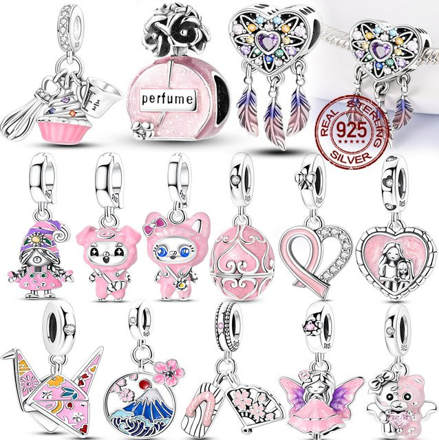 Rosa Charms Anhänger 925 Silber, Herz, Perle, Kristall, Damen - Bild 1