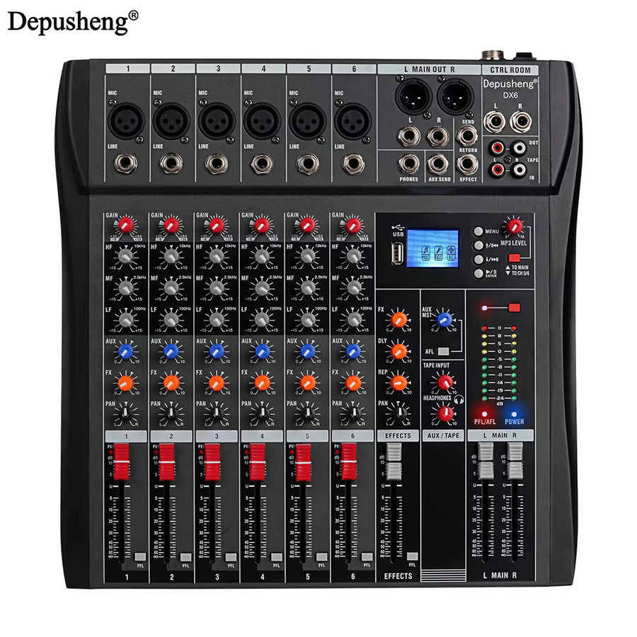 Depusheng DX6 Professioneller 6-Kanal Audiomixer mit Bluetooth und USB PC-Aufnahmeeingang, Schwarz - Bild 2