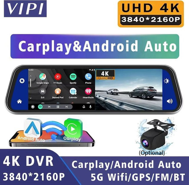 MYOLSD 10 Zoll 4K Dash Cam mit Dual Len, Android Auto und Apple CarPlay, 5G WLAN, GPS, Bluetooth und FM Transmitter, Rückfahrkamera DVR in Schwarz - Bild 1