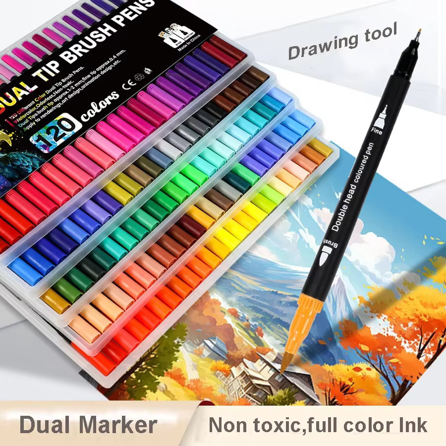 Anowee Doppelkopf-Kunstmarkierungsstifte auf Wasserbasis mit Brush-Spitze, 120 Farben, waschbar, ideal für Malerei, Graffiti und Schule - Bild 2