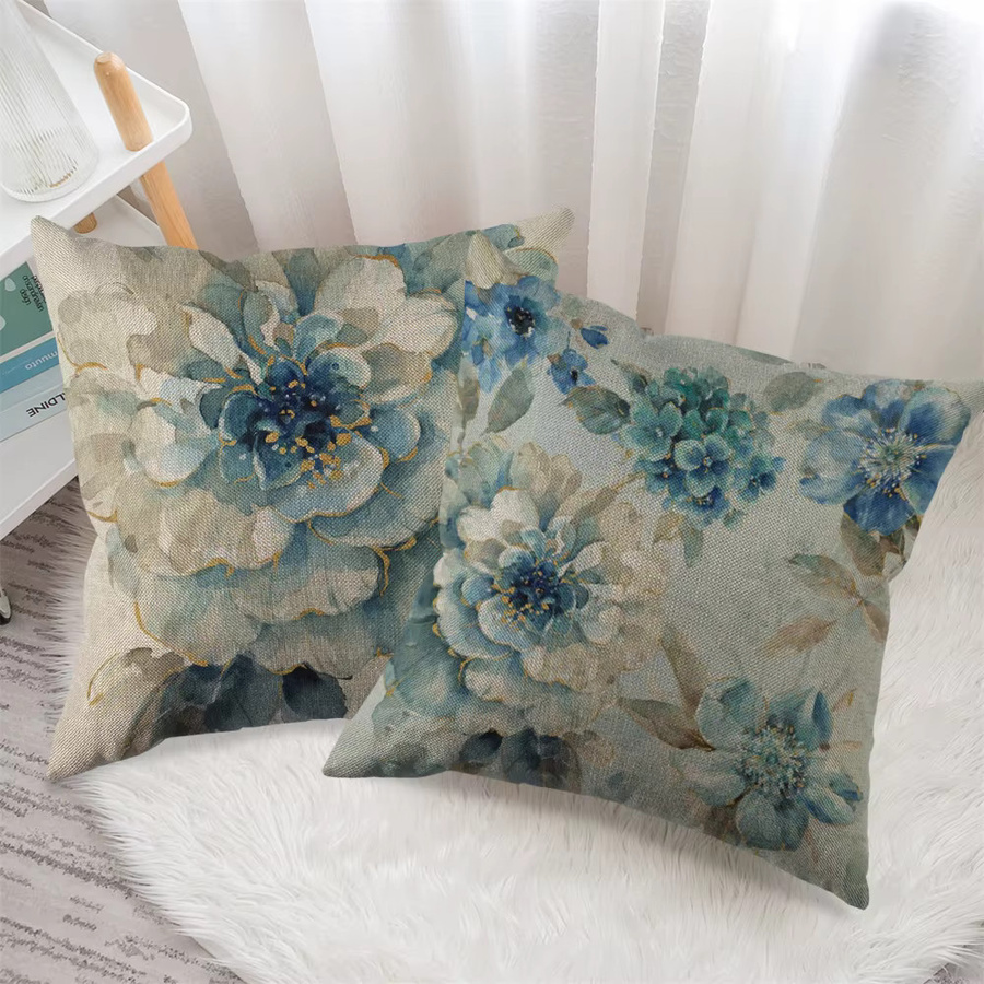 Indigold Kissenbezug aus Leinen mit Aquarell-Blumen und Vogel in Blau, B/T/H: 45 x 45 x 0 cm - Bild 2