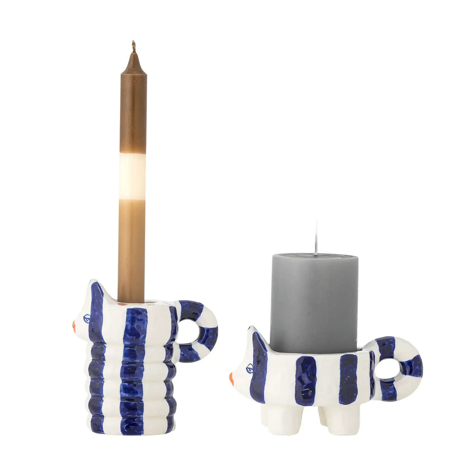 Bloomingville Kerzenhalter Caty aus Keramik in Blau im 2er-Set mit Katzenform und Streifenmuster - Bild 1