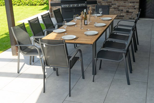 OUTFLEXX Garten-Essgruppe aus Aluminium, Teakholz und Textilene in Anthrazit Matt mit ausziehbarem Tisch und 10 stapelbaren Sesseln, Tisch B: 180-240 cm, T: 100 cm - Bild 1