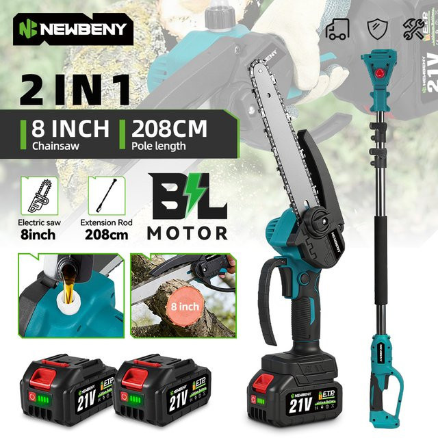 NEWBENY 2-in-1 Elektrische Teleskop-Kettensäge und Hochastsäge mit 8 Zoll Schiene für 18V 21V Akku - Bild 1