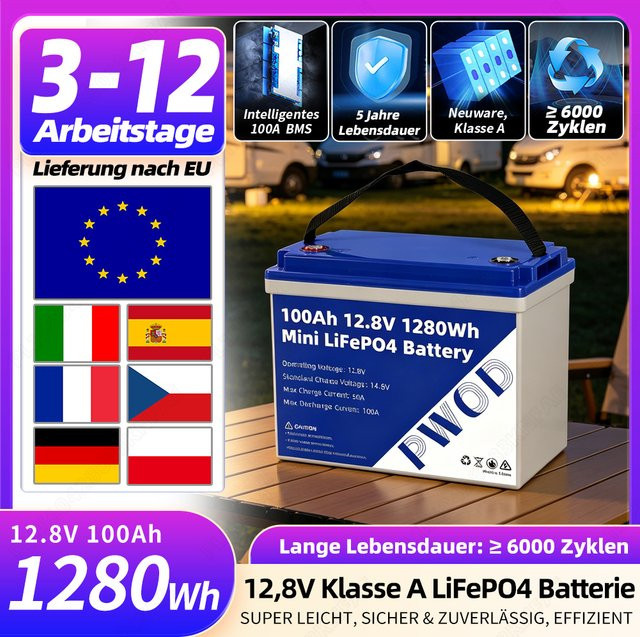 PWOD LiFePO4 Batteriepack Gruppe 24, 12V 100Ah 1280Wh, mit integriertem Smart-BMS, Grade-A-LFP-Zellen für Heimenergiespeicher und Solarstromerzeugungssysteme - Bild 1