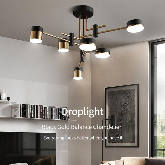CozyCorner Nordischer Kronleuchter Moderne Deckenpendelleuchte mit 6 Leuchten, Dimmbar, Schwarz oder Gold/Messing - Bild 1