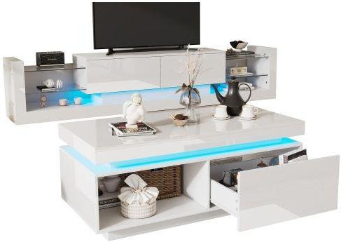 MUVOE TV-Möbel und Couchtisch Set mit LED-Beleuchtung in Weiß, Wandelement mit Hochglanz-Finish - Bild 1