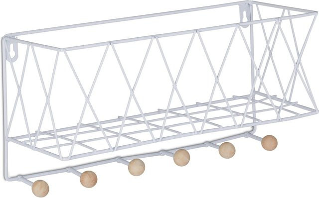 Relaxdays Wandregal aus Metall und Holz in Weiß mit 6 Haken und Gitter-Design, B/T/H: 36 x 13 x 17 cm - Bild 1