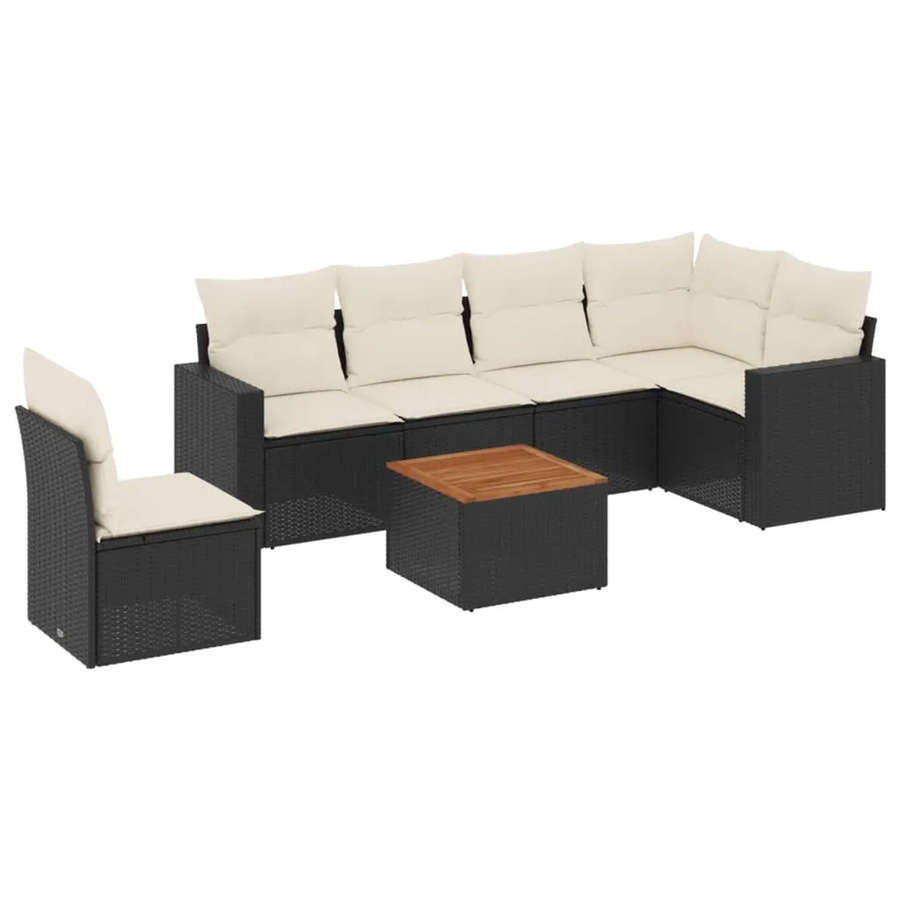 vidaXL 7-tlg Garten-Sofagarnitur aus Poly-Rattan und Akazienholz in Schwarz mit Kissen - Bild 2
