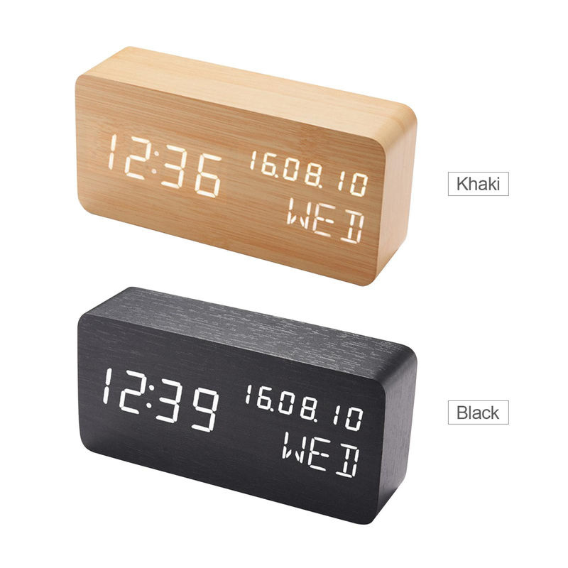 Digitaler Schreibtisch-Wecker aus Holz von Tooarts mit Sprachsteuerung, LED-Anzeige, Datum, Thermometer und Hygrometer in Beige - Bild 8