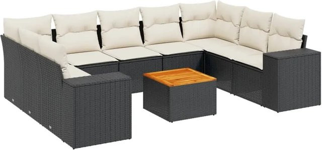 vidaXL 10-tlg. Garten-Sofagarnitur in L-Form aus Polyrattan und Akazienholz mit Kissen in Schwarz-Creme - Bild 1