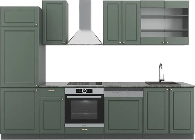 Vicco Fame-Line Küchenzeile im Landhausstil in Grün-Gold und Anthrazit, B: 300 cm, H: 82 cm, T: 60 cm - Bild 1