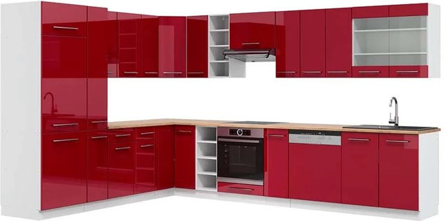 Vicco Fame-Line Eckküche in Bordeaux Hochglanz und Weiß mit Eiche-Optik, Breite: 347 cm, Tiefe: 257 cm - Bild 1