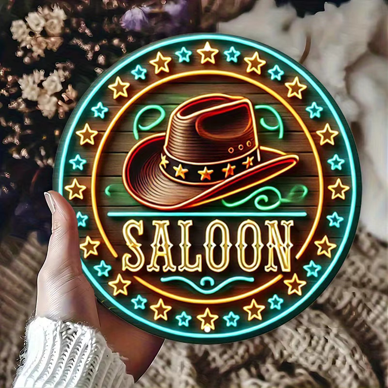 Potdemiel Retro Western Saloon Cowboyhut Rundes Metallschild mit Neonlichteffekt, Durchmesser: 20 cm, Mehrfarbig - Bild 5