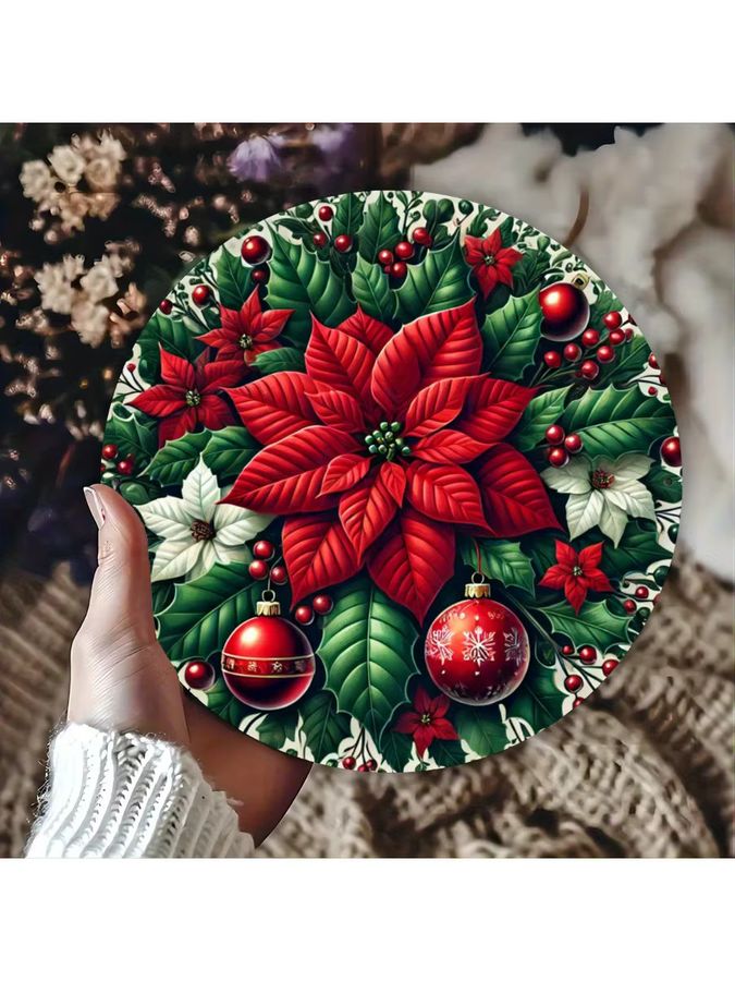 Potdemiel Weihnachts-Wandkunst aus Metall in Rot, rundes Eisenschild mit festlichem Design, Durchmesser: 20,3 cm - Bild 5