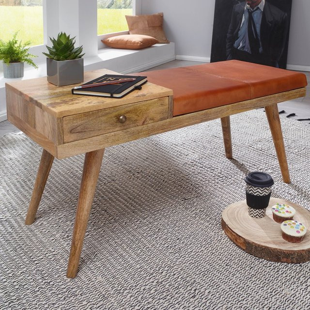 Finebuy Garderobenbank aus Massivholz mit gepolsterter Echtleder-Sitzfläche und Schublade in Braun, Breite: 100 cm - Bild 1