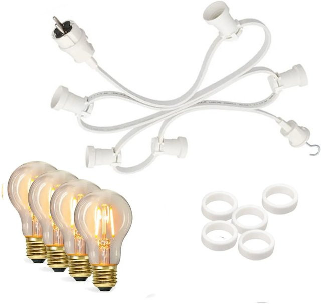 Satisfire Illu Partylichterkette mit 5 LED Filamentlampen in Tropfenform, Weiß, 5 m Länge, Warmweiß, IP44 Outdoor für Terrasse und Biergarten - Bild 1