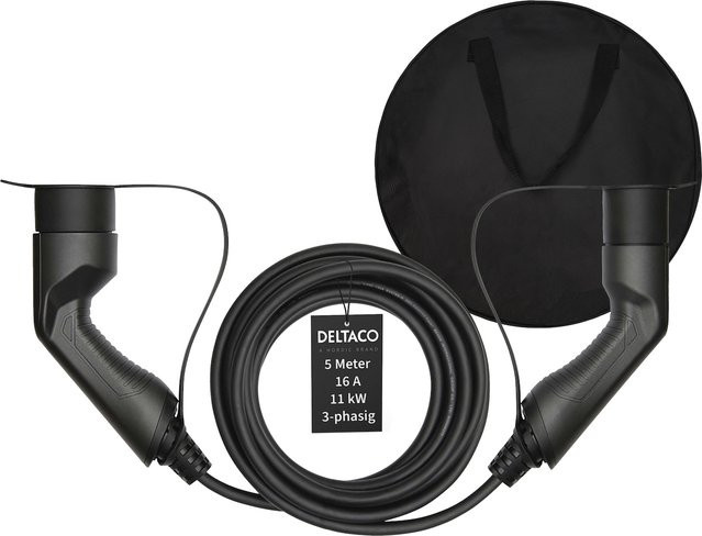 Deltaco EV-Ladekabel Typ2 auf Typ2 mit Tasche, 16 A, 11 kW, 3-phasig, schwarz, Länge: 5 m - Bild 1