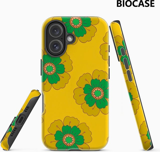 Handyhülle mit gelb-grünem Blumenmuster für Apple iPhone 17 16 15 14 13 12 11 Pro Max Plus mit doppelschichtiger Rückseite - Bild 1