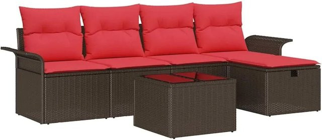 vidaXL Gartensofa-Set aus Poly-Rattan in L-Form mit 6 Kissen, Braun und Rot - Bild 1